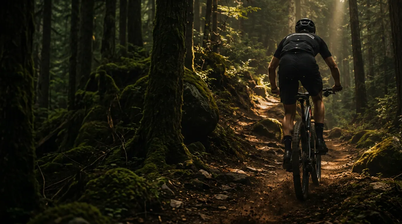 Mountain biker entrando em trilha de floresta com raios de sol entre as árvores
